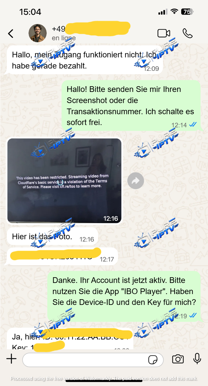 Capture anonymisée du support WhatsApp Pure IPTV 03
