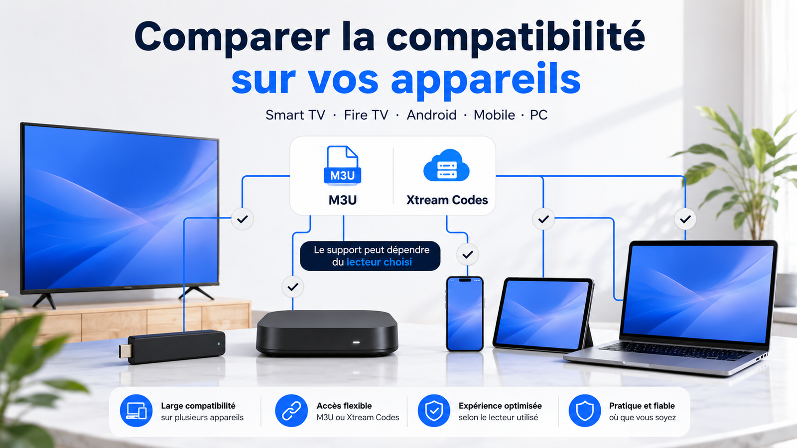 Comparer la compatibilité M3U ou Xtream Codes selon les appareils